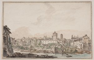 Stadtansicht mit Häusern und Kirche am Fluss. Antikes Rom von Jens Petersen Lund