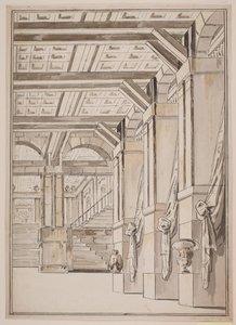 Eine Vorhalle mit Treppe im Hintergrund