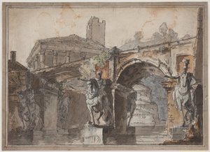 "Römische" Aussicht mit Brücke, Tempelruine und Reiterstatue von Jens Petersen Lund