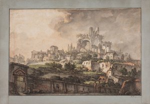 Römische Aussicht mit Mauer im Vordergrund, Kirche und Ruine im Hintergrund von Jens Petersen Lund