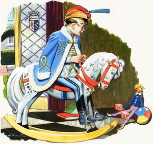 Junge auf Schaukelpferd, Illustration aus 