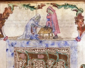 Judentum: Hebräisches Ritual der Fußwaschung (Abwaschung) des Reisenden. Miniatur aus einem hebräischen Manuskript des 14. Jahrhunderts. Biblioteca Palatina, Parma von Jewish School