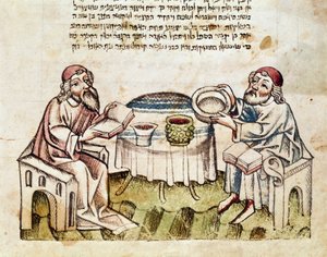 Judentum: „Zwei Rabbiner feiern das Pessachfest mit der Seder-Zeremonie“ Miniatur aus einem Machsor (Gebetbuch in Hebräisch) 15. Jahrhundert Parma, Biblioteca Palatina von Jewish School