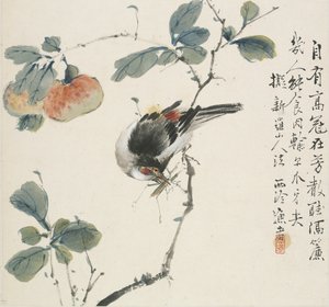 Ein chinesischer Hwamei, der eine Heuschrecke frisst, 1857 von Jin Yuan
