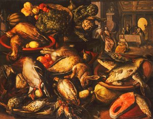 Wild, Fisch, Obst und Gemüse in Körben und Schalen in einer Speisekammer, 1569 von Joachim Beuckelaer