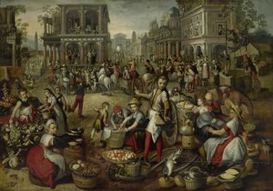 Marktplatz, mit der Geißelung, dem Ecce Homo und dem Kreuztragen im Hintergrund, 1550-90 von Joachim Beuckelaer