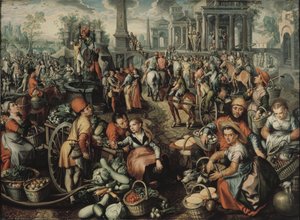 Marktszene mit Ecce Homo, der Geißelung und dem Kreuztragen von Joachim Beuckelaer