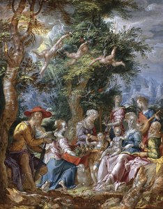 Die Heilige Familie mit Heiligen und Engeln von Joachim Wtewael or Utewael