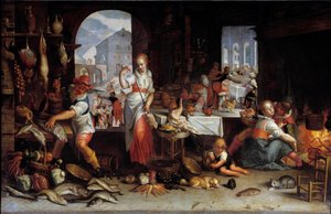 Eine Frau dreht ein Huhn in einer Küche voller Lebensmittel. Gemälde von Joachim Wtewael (1556-1638)