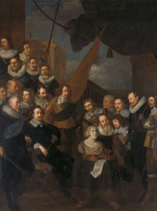 Offiziere und andere Bürgerwehrmänner des XIX. Bezirks von Amsterdam, unter dem Kommando von Hauptmann Cornelis Bicker und Leutnant Frederick van Banchem, warten auf die Ankunft von Marie de Médicis, 1. September 1638