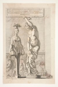 Eine Statue und eine weibliche Herm, die Vasen und Früchte trägt von Joachim von Sandrart