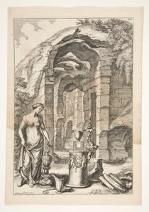 Frau in antiker Kleidung mit Urnen, Ständen und Ruinen von Joachim von Sandrart