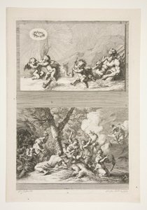 obere Hälfte: Ein Flussgott und Putti spielen mit den Symbolen des Ruhms untere Hälfte: Die Bestrafung des Amor von Joachim von Sandrart