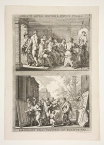 obere Hälfte: COMPOSIT ZEUXES IUNONEM E QUINQUE PUELLIS untere Hälfte: PARRHASIUS VELO, VOLVCRIS CEV FALLITOR VUA von Joachim von Sandrart