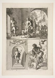 obere Hälfte: Unbekanntes religiöses Thema untere Hälfte: Eine Statue eines Putto in einer Nische und eine Statue eines Fauns in einer Landschaft von Joachim von Sandrart