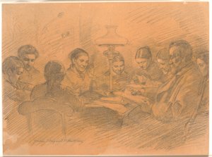 Die Familie Johan Lange versammelt sich um die Lampe von Joakim Frederik Skovgaard