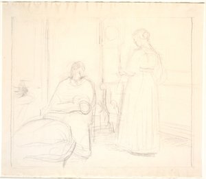 Interieur mit Uhr und sitzender und stehender Frau von Joakim Frederik Skovgaard