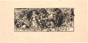 Prinzessin führt schwarzes Pferd zu sitzendem Ritter im Wald von Joakim Frederik Skovgaard