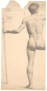 Stehendes männliches Modell, von hinten gesehen, Stock in der linken Hand, rechter Arm und Bein abgeschnitten