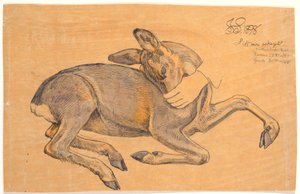 Studie eines liegenden Rehs. Eine Hand greift es an der Schnauze von Joakim Frederik Skovgaard