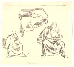 Drei Studien eines sitzenden, bärtigen Mannes. Saul von Joakim Frederik Skovgaard