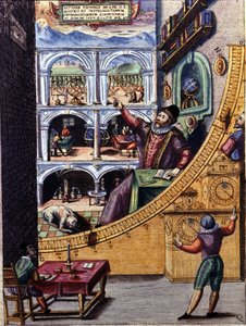 Dänischer Astronom Tycho Brahe (1546 - 1601) in seinem Observatorium in Uranienburg - Farbgravur von Atlas Major Ssive und cosmographed Blavania labores und sumptibus von Johannis Blaev