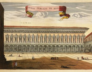Italien, Bologna, Blick auf das öffentliche Studium im Jahr 1600, Gravur aus Theatrum Civitatum et Admirandorum Italiae von Jean Blaeu, Amsterdam von Joan Blaeu