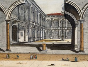 Ansicht des Innenhofs der alten Universität in Bologna, Joan Blaeu, Stich, Italien