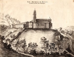 Ansicht des San Michele in Bosco Klosters, Bologna, Emilia-Romagna, Italien, Kupferstich, ca. 21x29 cm von Joan Blaeu