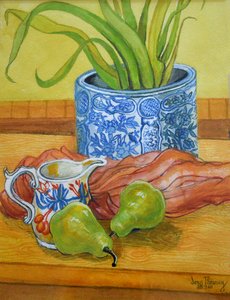 Blauer und weißer Topf, Krug und Birnen, 2006 von Joan Thewsey