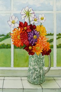 Dahlien auf der Fensterbank des Landhauses von Joan Thewsey
