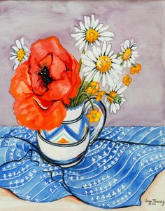 Roter Orientalischer Mohn und Margeriten in einem Honiton-Krug, 2005 von Joan Thewsey