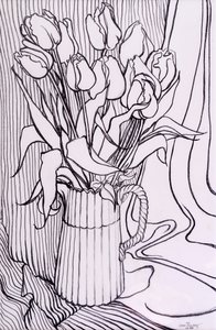 Tulpen vor einem gestreiften Tuch von Joan Thewsey