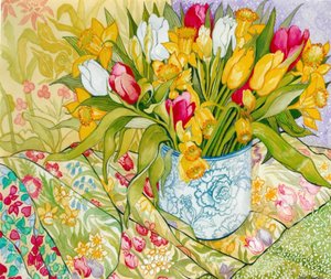 Tulpen und Narzissen mit gemusterten Textilien, 2000