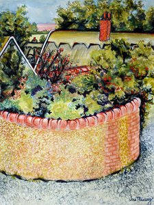 Blick durch die Dächer zu den Feldern, 2010 von Joan Thewsey