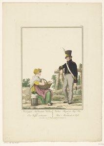 Stehender Soldat mit sitzender Kaffeeverkäuferin