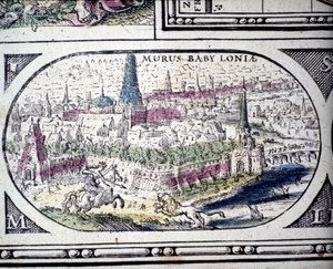 Darstellung der Sieben Weltwunder der Antike: die Gärten von Babylon. im Atlas von Jansson Jannsonius, gedruckt in Amsterdam im Jahr 1630