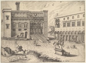 Ansicht des Campidoglio auf dem Kapitolinischen Hügel, aus der Serie Operum antiquorum romanorum, 1562 von Joannes van Doetecum
