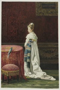 Frau mit einem grünen Papagei von Joaquin Agrasot y Juan