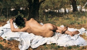 „Junger Bacchus“ Bacchus von hinten liegt auf einem Blatt im Gras. Gemälde von Joaquin Agrasot y Juan (1836-1919) Um 1872 Valencia. Museum der Schönen Künste San Pio V. von Joaquin Agrasot y Juan