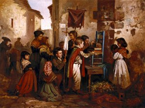 Kinder spielen in der religiösen Prozession von Joaquin Vayreda