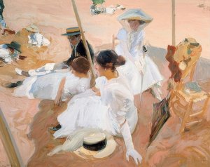 Unter der Markise am Strand in Zarautz von Joaquín Sorolla