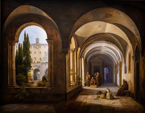 Franziskanermönche im Kreuzgang von Santa Maria d
