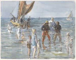 Dame wird von zwei Fischern von einem Boot an Land getragen von Johan Antonie de Jonge