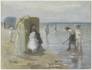 Ansicht entlang der Flutlinie am Strand von Scheveningen, mit zwei Damen und Kindern von Johan Antonie de Jonge