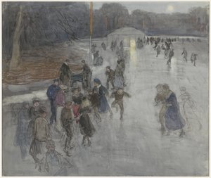 Eisvergnügen bei Mondlicht, auf einem zugefrorenen Teich im Haagse Bos