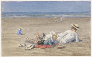 Ruhendes Kindermädchen mit zwei Kindern am Strand von Johan Antonie de Jonge