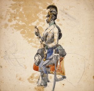 Ein Reiter des 5. Dragonerregiments zeigt das Nachladen seiner Pferdepistole, 1840-1850 von Johan Baptiste Heinefetter