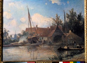Niederländische Landschaft mit einem großen Boot von Johan Barthold Jongkind