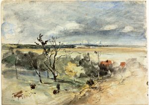 Landschaft mit Mann auf einem Esel (recto) Zwei Frauen in einem Café (verso)